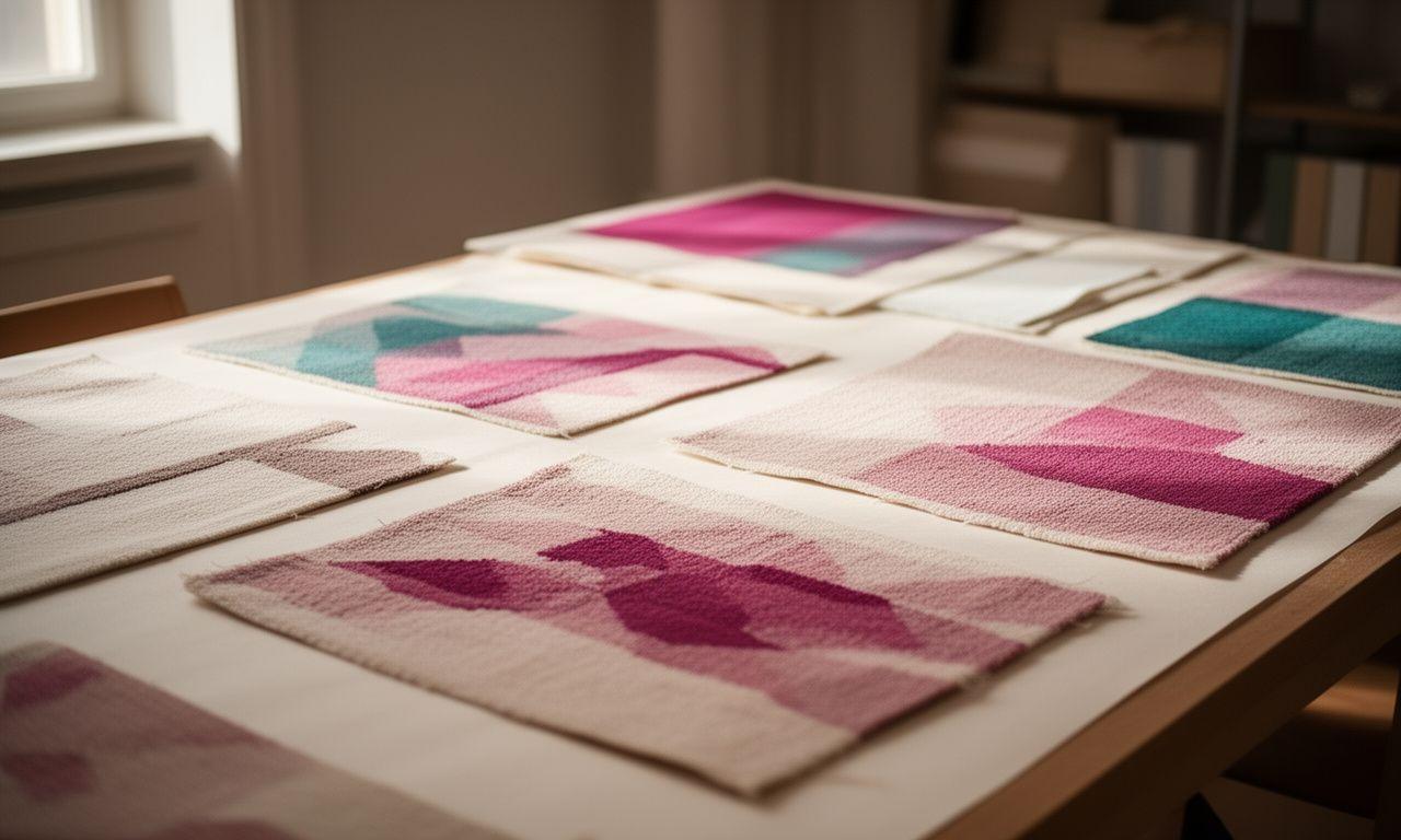 Handwerkliche Textilmuster auf einem eleganten Arbeitstisch in Zürich mit ruhiger Archiv-Atmosphäre