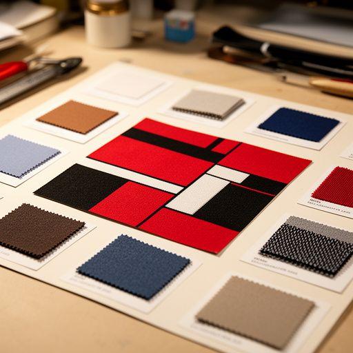 Stoffmusterkarte mit Bauhaus-Farbfeldern neben Materialproben auf einem Arbeitstisch